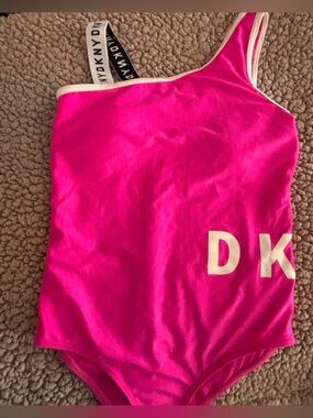 DKNY Neon Pink One-Shoulder Swimsuit with Branded Strap